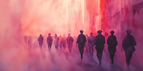 Soldiers marching in a red city watercolor painting