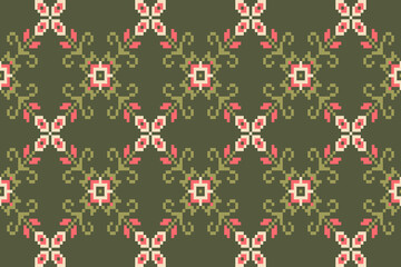 Flower Cross Stitch design pattern background.Embroidery ethnic oriental pixel art pattern.Aztec style,abstract background vector illustration.design for texture,fabric,clothing,print