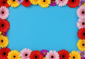 Obraz premium Vibrant Gerbera Daisy Floral Border Frame, Blank Blue Background, Floral Design, Spring Flowers