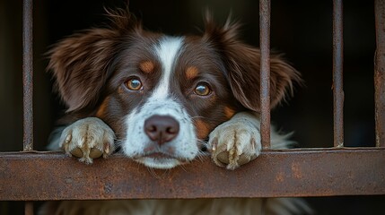 Shelter for homeless animals, large cage, sad mutt dog looks out from kennel in animal shelter