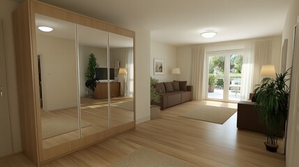 Fototapeta premium Stylish hallway includes a mirrored wardrobe, cozy wooden floors, and soft lighting, creating an inviting atmosphere in the apartment