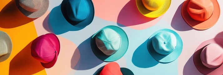 Colorful floating hats and caps create a vibrant display over an abstract background with dynamic shadows and lively colors