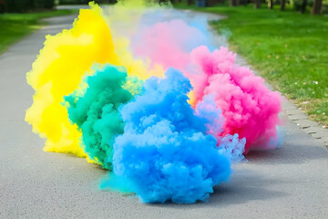Colorful smoke bombs explode on park path