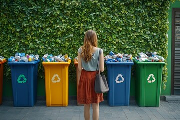A woman standing before recycling bins filled with various trash
