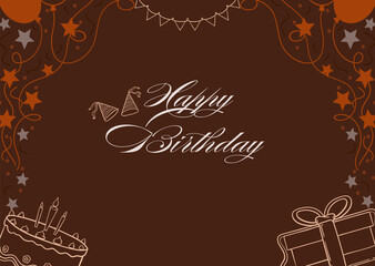 Happy Birthday greeting card template vector design illustration celebration. Brown background with gift box and cake art line design for card, banner, poster and flyer.