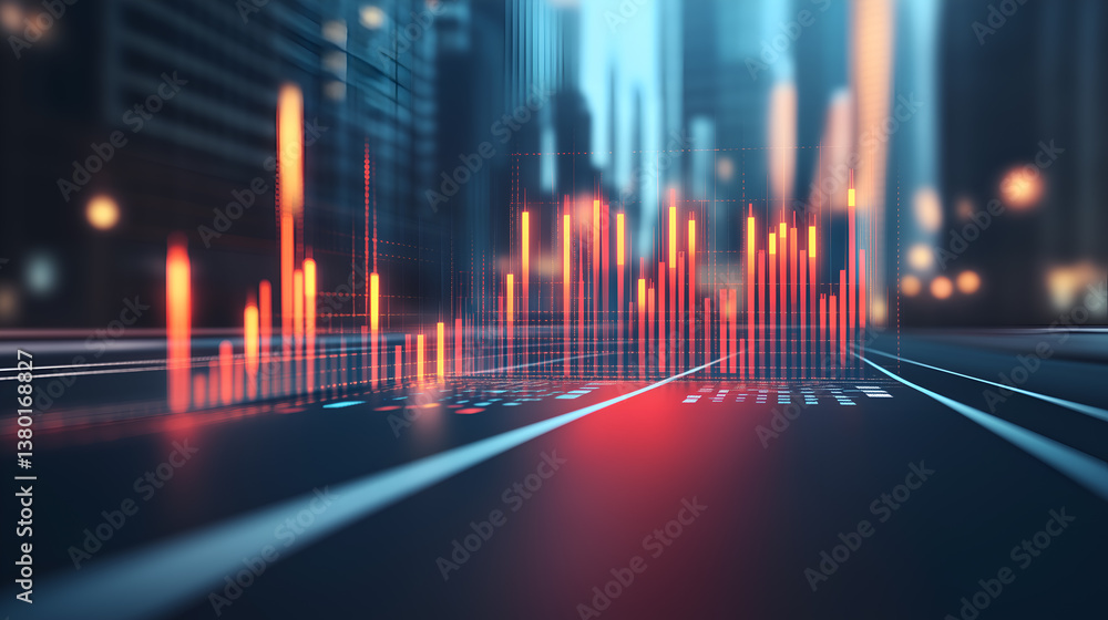 Poster abstract futuristic cityscape with glowing digital lines representing data flow and urban connectivi