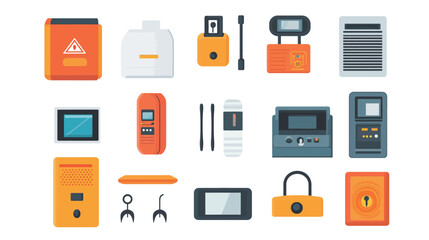 A comprehensive vector graphic design illustrating various fire safety and security installations, including fire extinguishers, alarms, hydrants, and sprinkler systems. 