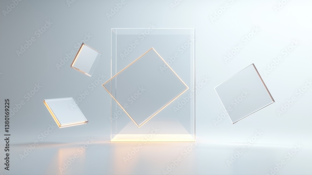 Poster abstract geometric shapes floating in serene light, minimalist 3d composition with soft hues.