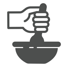 Hand with spoon and plate solid icon, culinary cooking concept. Vector graphics. Stirring dish, preparing food sign on white background, glyph style icon for mobile or web design.