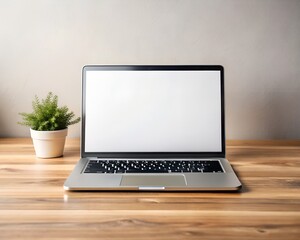 Fototapeta premium Laptop blank screen on wood table with coffee cafe background, mockup, template for your text, Clipping paths included for background and device screen