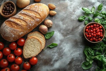 Fototapeta premium Freshly baked bread and ripe tomatoes arranged with nuts and herbs on a textured surface