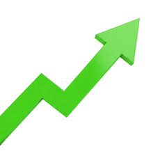 Green upward arrow, isolated on a transparent background, png image.  Represents growth, progress, and success, ideal for business or financial presentations