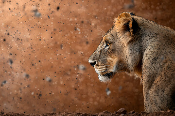 Lioness Profile in Dust Cloud, African Savanna