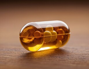 Close-up of a capsule filled with colorful pills on a wooden surface, showcasing vibrant colors and transparency.