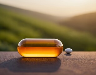Two dietary supplements resting on a textured surface at sunset, highlighting health and wellness.