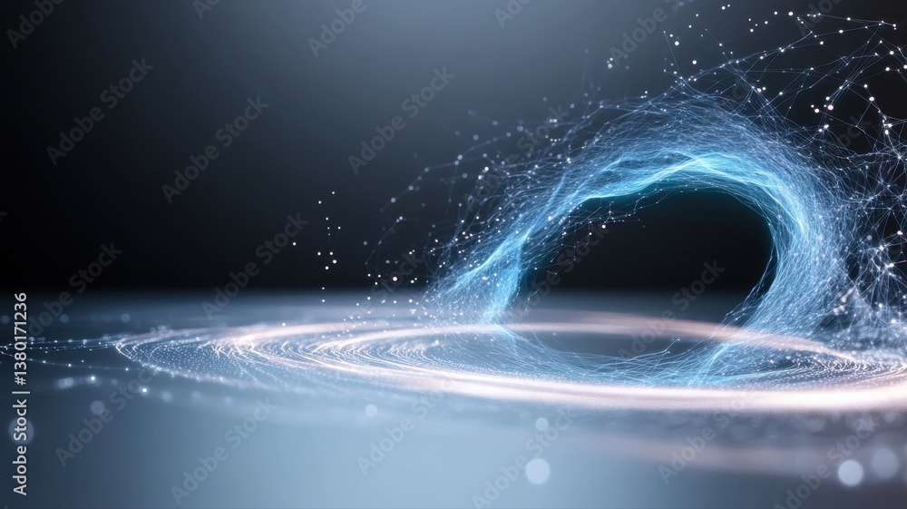 Poster abstract visualization of futuristic blue data vortex on a dark background.
