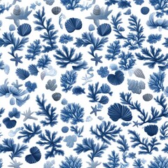 Vibrant blue and white pattern showcases seashells, starfish, and coral, perfect for enhancing marine-themed projects or decor SEAMLESS PATTERN