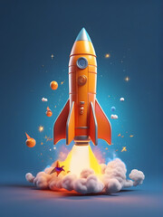 Naklejka premium A colorful cartoon rocket takes off with glowing flames and fluffy clouds under a starry sky.