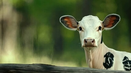 Obraz premium A charming calf looks curiously at the camera, embodying innocence and playfulness in a lush, green natural setting, capturing the essence of rural life and harmony.