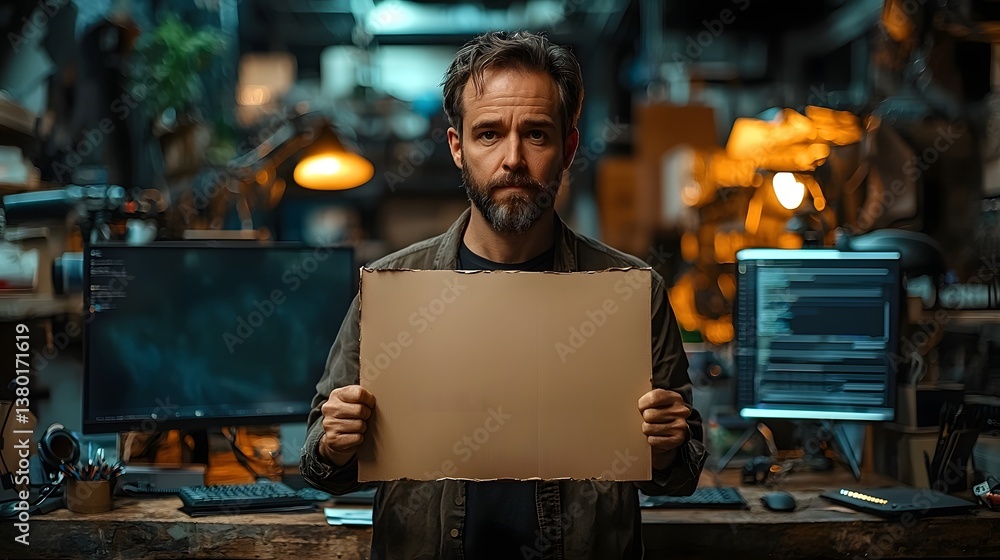 Poster tech developer holding a blank cardboard sign in a modern workspace