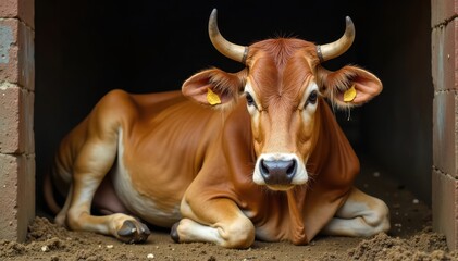 A contented Indian zebu cow relaxing in the cowshed, zebu, Indian breed