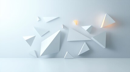 Abstract white 3D geometric shapes on a minimalist background with soft lighting accents, creating a modern aesthetic.