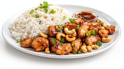 Fototapeta premium Appetizing plate of savory chicken with cashew nuts and rice, garnished with fresh herbs.