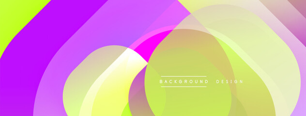 Vibrant overlapping circles create dynamic abstract composition. Smooth gradients blend purple, green, yellow hues. Modern design element.