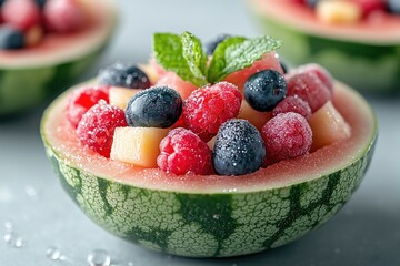 Fresh fruit salad served in halved watermelon bowls garnished with mint leaves and sparkling ice