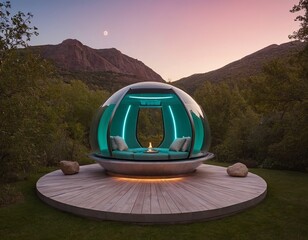 A futuristic dome with ambient lighting surrounded by nature at dusk, showcasing innovative architecture.