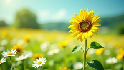 Lone, tall sunflower in field of white flowers, singular, summer flower