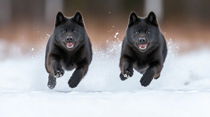 Obraz premium Black wolves dash through the snow, their powerful strides contrasting against the twilight sky in a remote mountain valley.