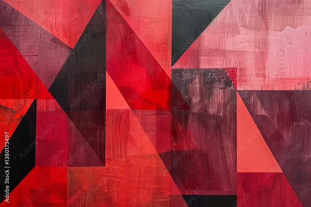 Poster a digital art piece featuring overlapping geometric shapes in various shades of red, geometric shape
