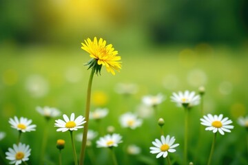 Fototapeta premium Lone yellow dandelion in field of white daisies, flower, separate, contrast