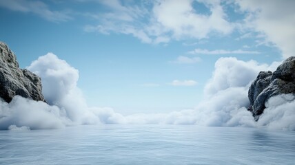A serene coastal landscape with clear blue sky, fluffy clouds, and rocky cliffs reflecting on calm water.