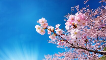 beautiful pink cherry blossom sakura flower starting to bloom over the clear blue sky