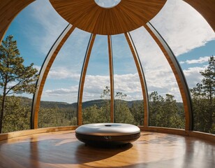 A futuristic, circular living space with panoramic views of nature and a wood-beamed ceiling.