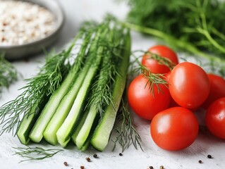 A bunch of fresh vegetables and a bowl of rice arranged together in a close-up shot on a white background