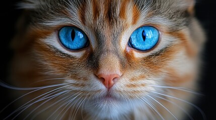 Feline close-up striking blue eyes, ginger & white fur, whiskered nose