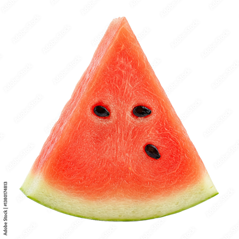 Poster close-up of red watermelon slice, isolated on a transparent background. triangular shape, showcasing