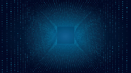 Technology wireframe square tunnel on blue background. Futuristic 3D wormhole grid. Big data visualization. Vector illustration.