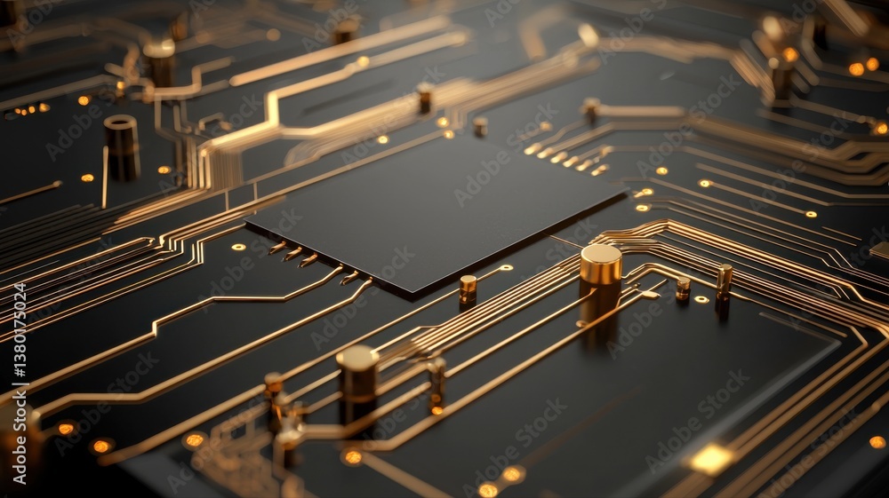 Poster close-up of a modern circuit board with intricate gold pathways and components.