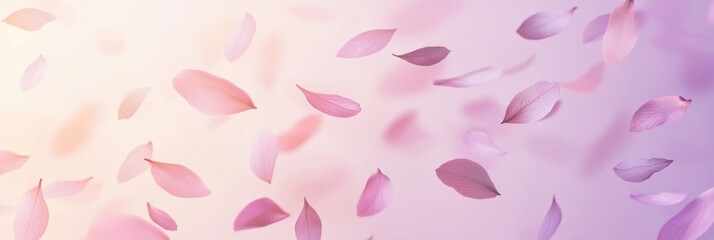Floral gradient background blending lilac to soft pink with delicate petals drifting gracefully