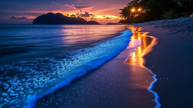 Bioluminescent waves on tropical beach at sunset