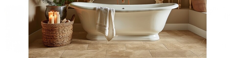 A serene bathroom setting featuring a vintage freestanding bathtub, elegantly arranged with soft towels and candles, creating a relaxing atmosphere for self-care and rejuvenation