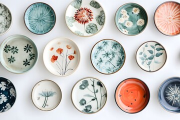 Colorful and decorative plates spread out on a white background