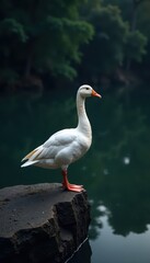 Obraz premium A lone goose perched on a black surface with empty space surrounding it, bird, geese