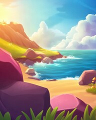 A serene beach scene at sunrise with colorful rocks, gentle waves lapping at the shore, and lush greenery, creating a peaceful atmosphere ideal for relaxation and nature appreciation