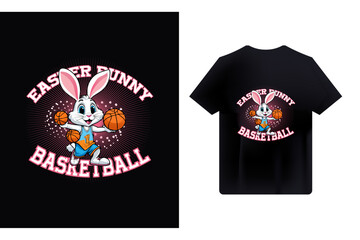 Easter Bunny Basketball T-Shirt Design – Cute Cartoon Rabbit Playing Basketball, Sports-Themed Easter Bunny Graphic, Fun Festive Tee for Basketball Fans.