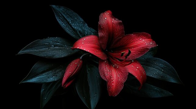 Close-up of a red lilly flower covered in water droplets, set against  dark background.